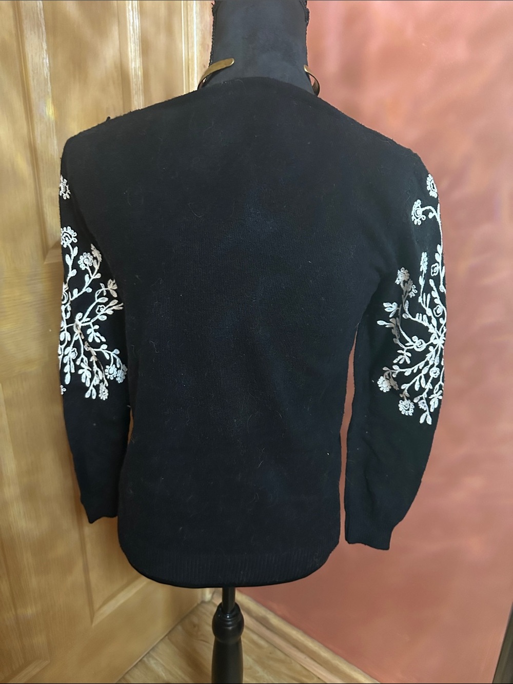Black Crewneck Sweater with White Floral Embroidery - Picture 3 of 3